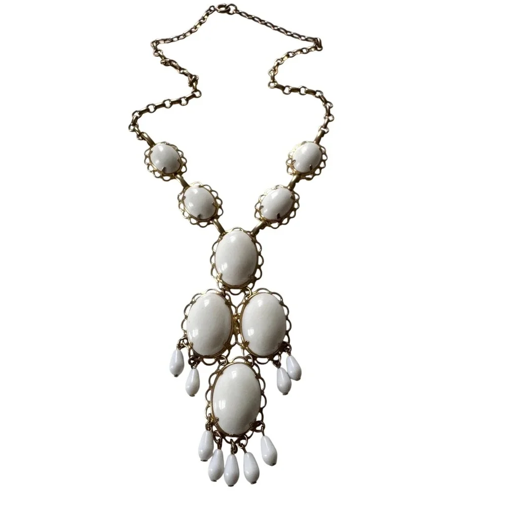Vintage 1960s White Cabochon Statement Necklace Gold Tone Retro Boho Festival